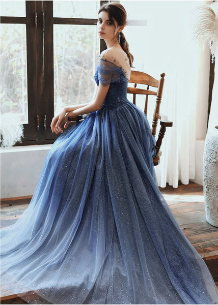 Buy A Line Half Sleeves Tulle Long Ombre Prom Dress with Appliques Blue  Evening Dresses STI15001 Online – Cheappromproms