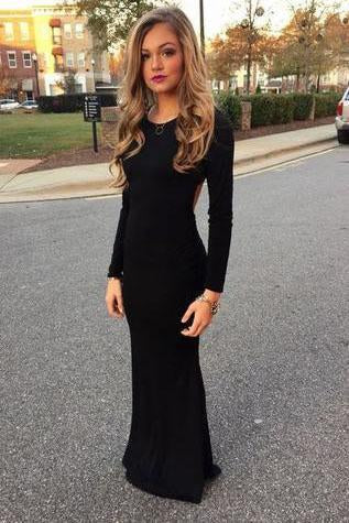 Black Two Piece Trumpet Sweep Train Long Sleeve Beading Prom Dresses