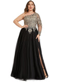 Peyton A-line One Shoulder Floor-Length Lace Tulle Evening Dress With Sequins STIP0020839