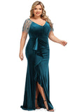 Harper Sheath/Column V-Neck Sweep Train Velvet Evening Dress With Beading Cascading Ruffles STIP0020875