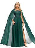 Audrey A-line Scoop Illusion Floor-Length Chiffon Lace Evening Dress With Sequins STIP0020831