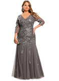 Daisy Trumpet/Mermaid V-Neck Floor-Length Lace Tulle Evening Dress With Sequins STIP0020907