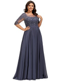 Giana A-line Scoop Illusion Floor-Length Chiffon Lace Evening Dress With Sequins STIP0020946