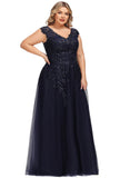 Estrella A-line V-Neck Floor-Length Lace Tulle Evening Dress With Sequins STIP0020861