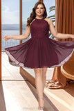 Violet A-line Scoop Short/Mini Chiffon Lace Homecoming Dress STIP0020555