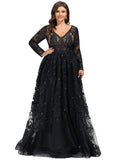 Cali Ball-Gown/Princess V-Neck Sweep Train Lace Tulle Evening Dress With Sequins STIP0020881