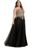 Peyton A-line One Shoulder Floor-Length Lace Tulle Evening Dress With Sequins STIP0020839