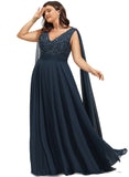 Kristina A-line V-Neck Floor-Length Chiffon Lace Evening Dress With Sequins STIP0020990