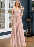 Stephanie A-line V-Neck Floor-Length Chiffon Lace Bridesmaid Dress STIP0012786