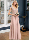 Stephanie A-line V-Neck Floor-Length Chiffon Lace Bridesmaid Dress STIP0012786