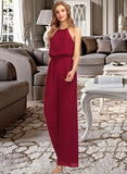 Zion Jumpsuit/Pantsuit Scoop Neck Floor-Length Chiffon Bridesmaid Dress With Pockets STIP0012809