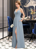 Tiana A-Line V-neck Floor-Length Chiffon Bridesmaid Dress With Ruffle Pockets STIP0012834