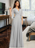 Zara A-Line V-neck Floor-Length Bridesmaid Dress With Ruffle Split Front STIP0012844