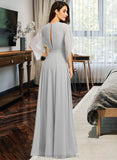 Zara A-Line V-neck Floor-Length Bridesmaid Dress With Ruffle Split Front STIP0012844