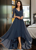 Ximena A-Line V-neck Asymmetrical Bridesmaid Dress With Pleated STIP0012859