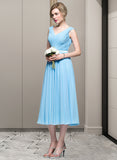 Undine A-Line V-neck Tea-Length Chiffon Bridesmaid Dress With Ruffle STIP0012871