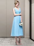 Undine A-Line V-neck Tea-Length Chiffon Bridesmaid Dress With Ruffle STIP0012871