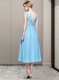 Undine A-Line V-neck Tea-Length Chiffon Bridesmaid Dress With Ruffle STIP0012871