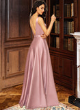 Delilah Ball-Gown/Princess V-neck Floor-Length Satin Bridesmaid Dress With Pockets STIP0012880