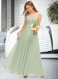 Zaniyah A-Line V-neck Floor-Length Chiffon Bridesmaid Dress With Ruffle Split Front STIP0012933