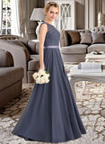 Yareli A-Line Scoop Neck Floor-Length Chiffon Lace Bridesmaid Dress With Bow(s) STIP0012984