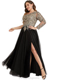 Peyton A-line One Shoulder Floor-Length Lace Tulle Evening Dress With Sequins STIP0020839