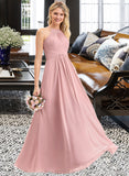 Yaritza A-Line Scoop Neck Floor-Length Chiffon Bridesmaid Dress With Bow(s) Cascading Ruffles STIP0013033