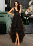 Kiana Ball-Gown/Princess V-neck Asymmetrical Tulle Bridesmaid Dress With Beading STIP0013077