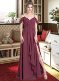 Susanna A-Line V-neck Floor-Length Chiffon Bridesmaid Dress With Bow(s) Split Front Cascading Ruffles STIP0013123