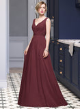 Thea A-Line V-neck Floor-Length Chiffon Bridesmaid Dress With Ruffle Lace Beading Sequins STIP0013136