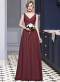 Thea A-Line V-neck Floor-Length Chiffon Bridesmaid Dress With Ruffle Lace Beading Sequins STIP0013136