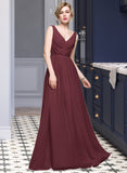 Thea A-Line V-neck Floor-Length Chiffon Bridesmaid Dress With Ruffle Lace Beading Sequins STIP0013136