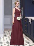 Thea A-Line V-neck Floor-Length Chiffon Bridesmaid Dress With Ruffle Lace Beading Sequins STIP0013136