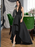 Jacquelyn Ball-Gown/Princess V-neck Asymmetrical Satin Bridesmaid Dress With Cascading Ruffles STIP0013157