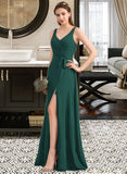 Winnie A-Line V-neck Floor-Length Chiffon Bridesmaid Dress With Ruffle Bow(s) Split Front STIP0013181