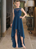 Trinity A-Line Scoop Neck Asymmetrical Chiffon Lace Bridesmaid Dress STIP0013182