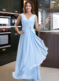 Sylvia Chiffon V-neck Floor-length A-Line Bridesmaid Dress With Crystal Brooch And Cascading Ruffles STIP0013219