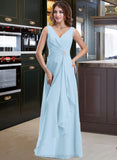 Sylvia Chiffon V-neck Floor-length A-Line Bridesmaid Dress With Crystal Brooch And Cascading Ruffles STIP0013219