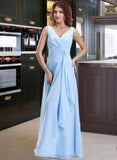 Sylvia Chiffon V-neck Floor-length A-Line Bridesmaid Dress With Crystal Brooch And Cascading Ruffles STIP0013219