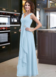 Sylvia Chiffon V-neck Floor-length A-Line Bridesmaid Dress With Crystal Brooch And Cascading Ruffles STIP0013219