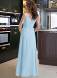 Sylvia Chiffon V-neck Floor-length A-Line Bridesmaid Dress With Crystal Brooch And Cascading Ruffles STIP0013219