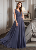 Tori A-Line V-neck Floor-Length Bridesmaid Dress With Ruffle STIP0013230