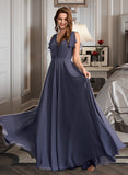 Tori A-Line V-neck Floor-Length Bridesmaid Dress With Ruffle STIP0013230