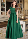 Tina Ball-Gown/Princess Scoop Neck Floor-Length Satin Lace Junior Bridesmaid Dress With Bow(s) Pockets STIP0013311