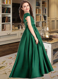 Tina Ball-Gown/Princess Scoop Neck Floor-Length Satin Lace Junior Bridesmaid Dress With Bow(s) Pockets STIP0013311