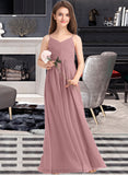 Salome A-Line V-neck Floor-Length Chiffon Junior Bridesmaid Dress With Ruffle STIP0013354