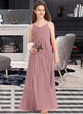 Salome A-Line V-neck Floor-Length Chiffon Junior Bridesmaid Dress With Ruffle STIP0013354