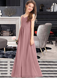 Salome A-Line V-neck Floor-Length Chiffon Junior Bridesmaid Dress With Ruffle STIP0013354