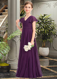 Logan A-Line V-neck Floor-Length Chiffon Junior Bridesmaid Dress With Bow(s) Cascading Ruffles STIP0013355