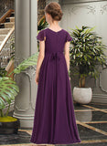 Logan A-Line V-neck Floor-Length Chiffon Junior Bridesmaid Dress With Bow(s) Cascading Ruffles STIP0013355